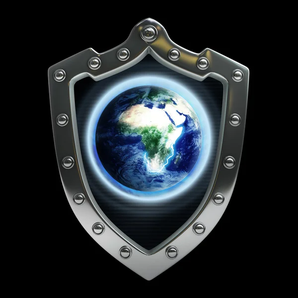 Mundo em escudo representando proteção — Fotografia de Stock