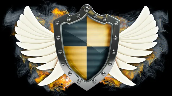 Silver protective shield with wings in fire isolated — Stock Photo, Image