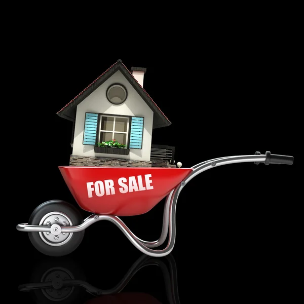 Carrinho de mão vermelho com casa para venda — Fotografia de Stock