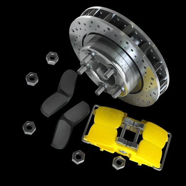 Разборка тормозного диска с желтым каллипером из гоночного автомобиля — стоковое фото