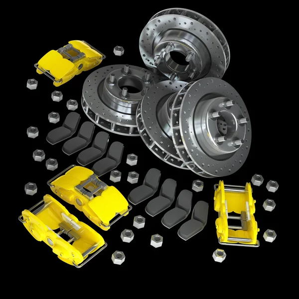 Demontierte Bremsscheiben mit gelben Bremssätteln aus Rennwagen — Stockfoto
