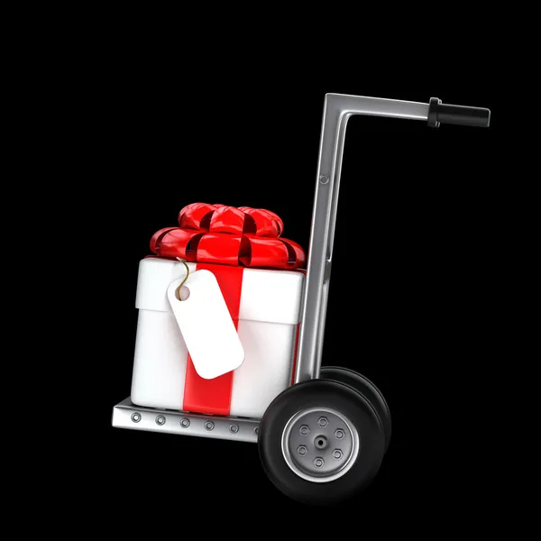 Red 3d hand truck with gift box — Stock Photo, Image