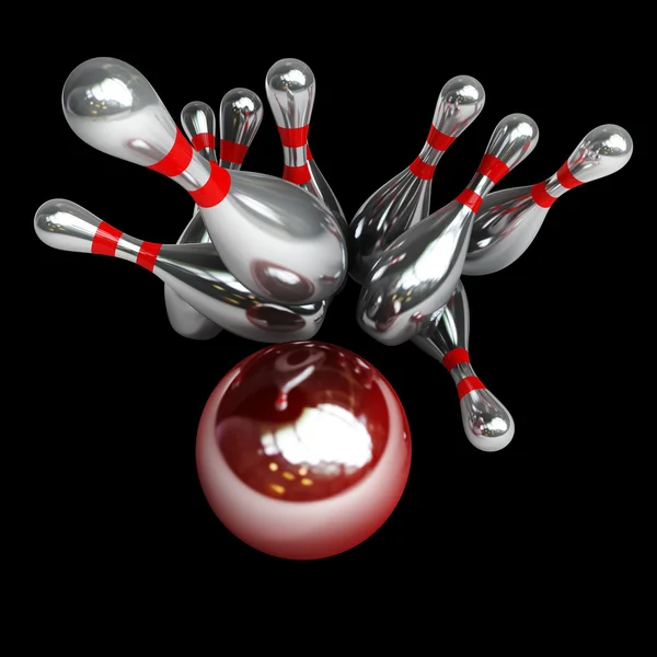 3D μπάλα μπόουλινγκ συντρίβεται σε τις καρφίτσες. — Φωτογραφία Αρχείου