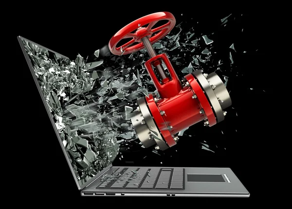 Red valve exit by a monitor of laptop — Stock Photo, Image