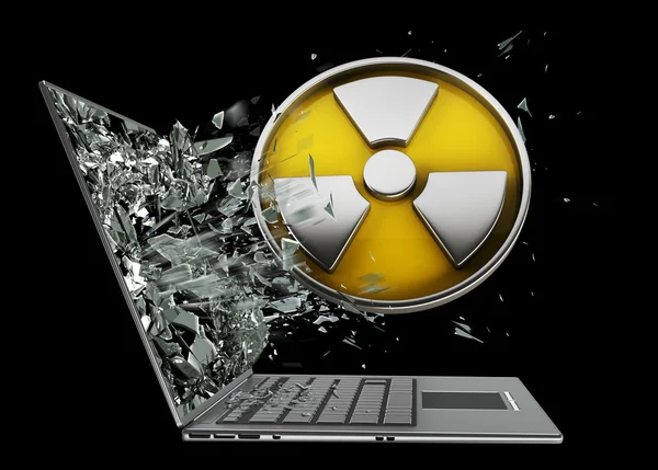 Radiation Alert sign exit by a monitor of laptop scree — Stock Photo, Image