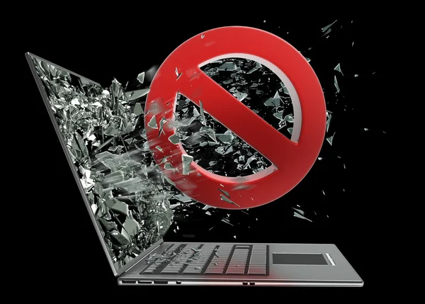 Czerwony znak zabronione wyjść przez monitor laptopa ekran — Zdjęcie stockowe
