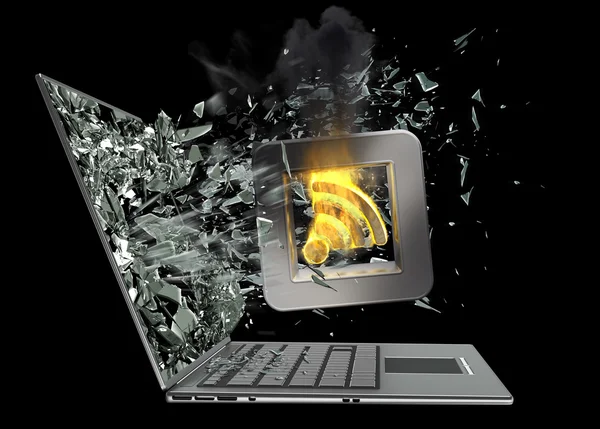 Häkchen-Symbol flammendes Symbol Ausgang durch einen Bildschirm des Laptops — Stockfoto