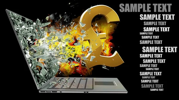 Broken screen of laptop with fire and pound symbol — Stock Photo, Image