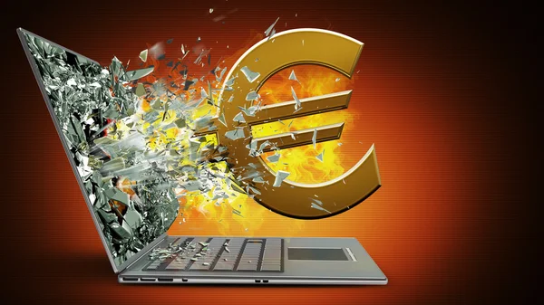 Broken screen of laptop with fire and euro symbol — Stock Photo, Image