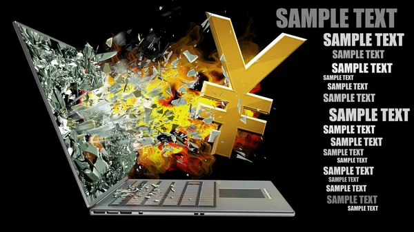 Broken screen of laptop with fire and yen symbol — Stock Photo, Image