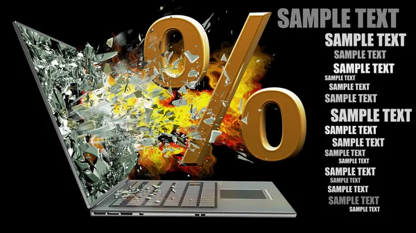 Symbool van procent bij brand afsluiten door een monitor van laptop scherm — Stockfoto