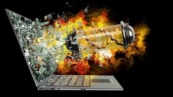 Kapsel mit Virus in Flammen Austritt durch einen Monitor von Laptop-Bildschirm — Stockfoto