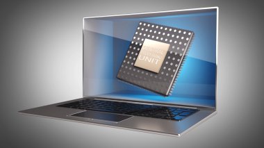 laptop ile üç boyutlu ekran ve cpu Inside.