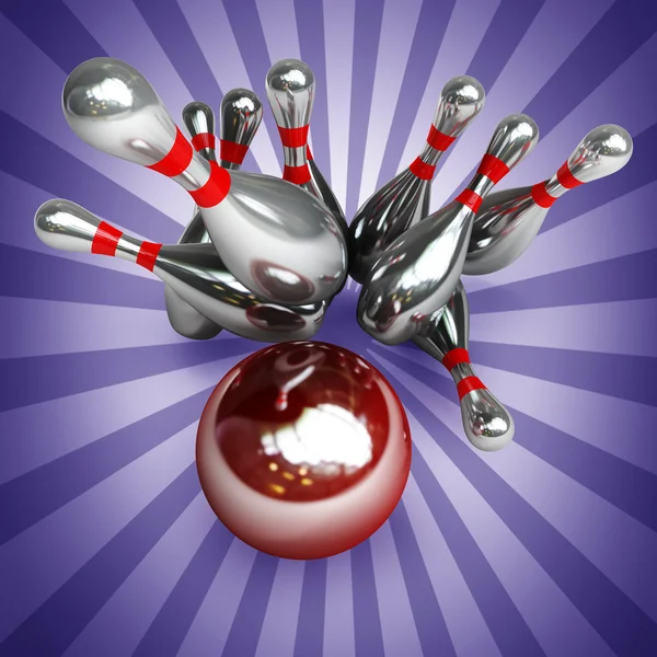 Bowling Ball crashing into the pins — Stock Photo, Image