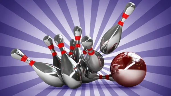 Bowling Ball crashing into the pins — Stock Photo, Image