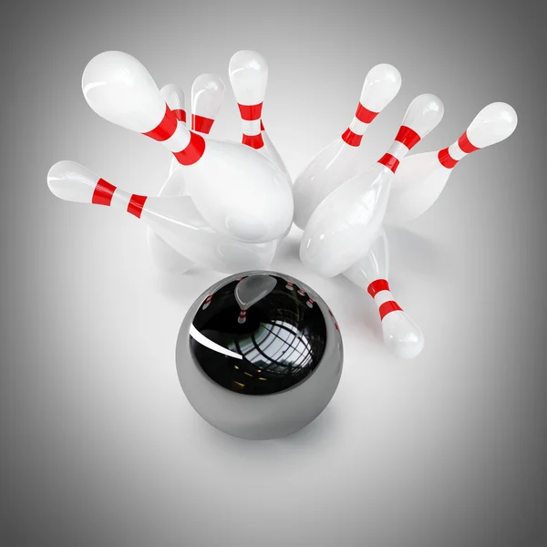 3d boule de bowling s'écrasant dans les broches — Photo