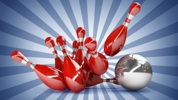 3d Bowling Ball crashing into the pins. — Stock Photo, Image