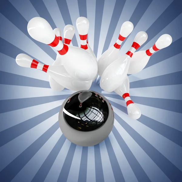 3d Bowling Ball crashing into the pins. — Stock Photo, Image