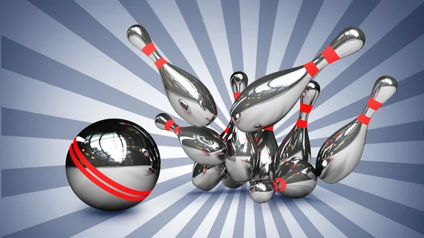 3d Bowling Ball crashing into the pins. — Stock Photo, Image