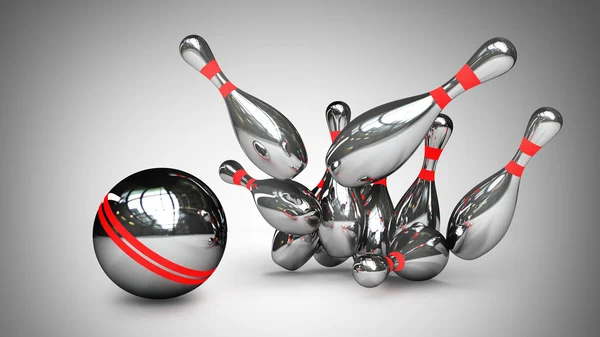 3d Bowling Ball crashing into the pins — Stock Photo, Image