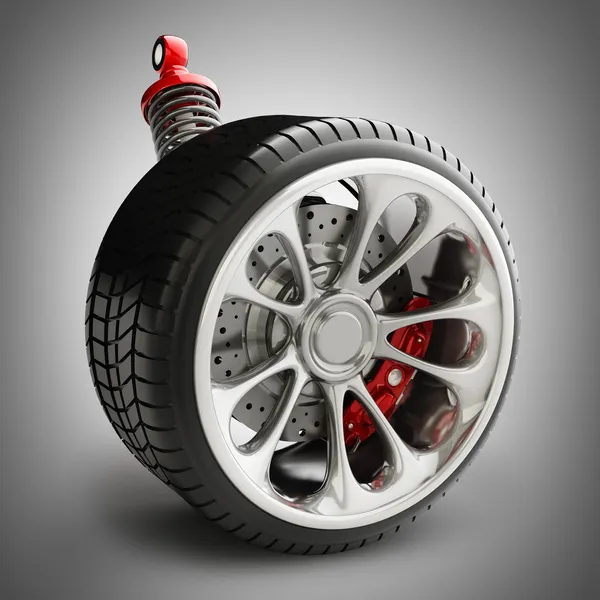 Wheel, shock absorber and brake pads — Stock Photo © ADDRicky 32145813