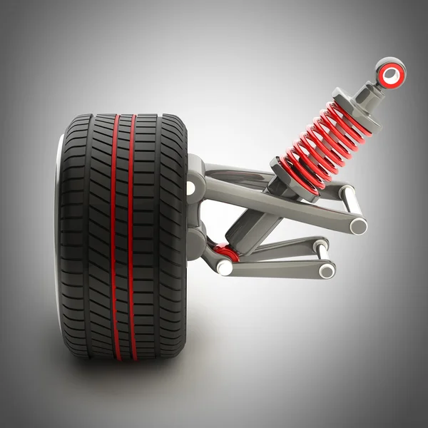 Wheel, shock absorber and brake pads — Stock Photo, Image