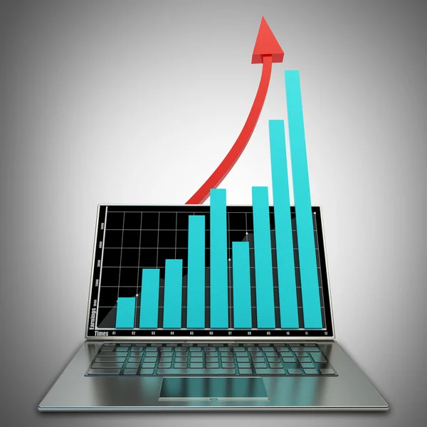 3D-laptop med diagram och röd pil. — Stockfoto