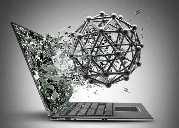 Atom molecules structure exit by a monitor of laptop screen. — Stock Photo, Image