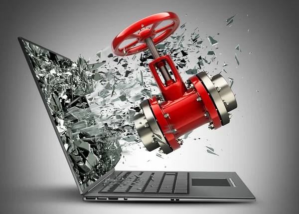 Red valve exit by a monitor of laptop screen. — Stock Photo, Image