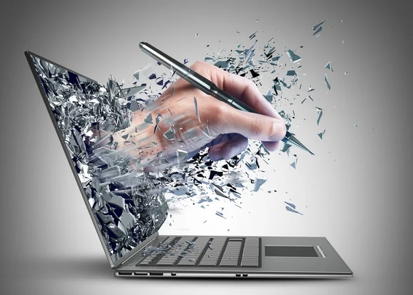 Hand with the pencil exit by a monitor of laptop screen — Stock Photo, Image