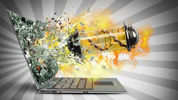 Capsule met virus bij brand afsluiten door een monitor van laptop scree — Stockfoto