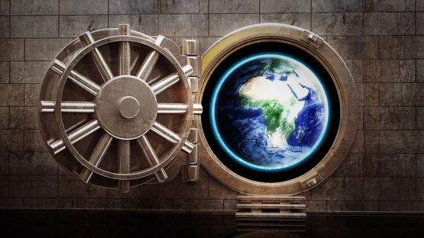 Big safe door with Earth showing Europe and Africa — Stock Photo, Image