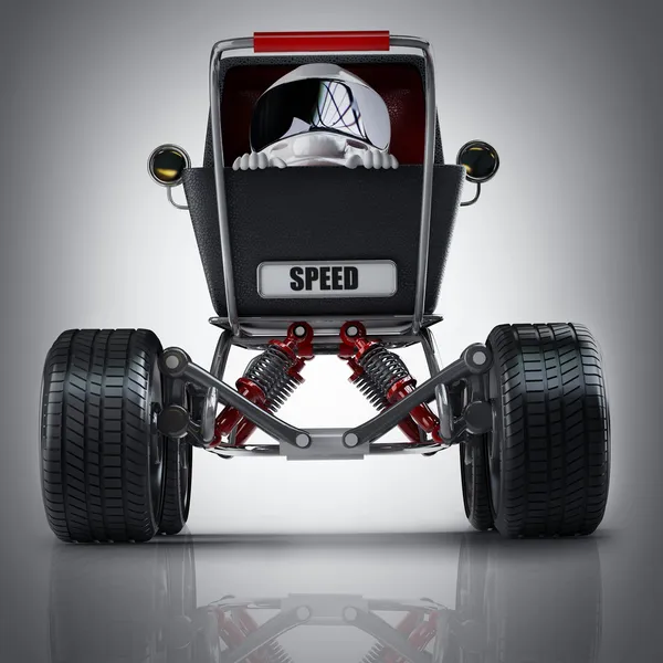 Baby super Carriage with big car wheel and the small racer in a helmet. — Stock Photo, Image