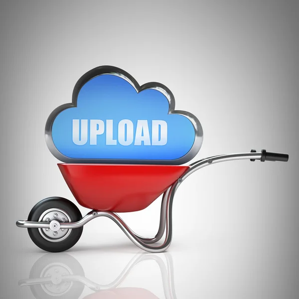 Carrinho de mão vermelho com azul nuvem de upload — Fotografia de Stock