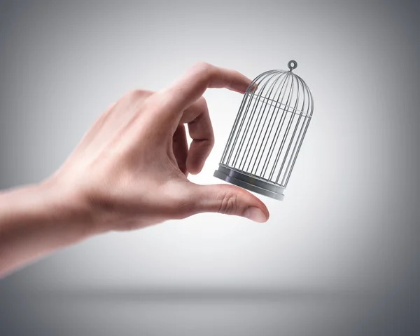 Hand holding empty cage — Stock Photo, Image
