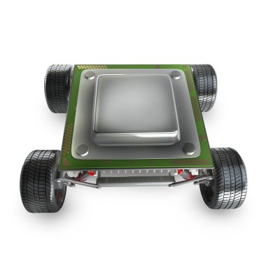 Büyük tekerlekler üzerinde merkezi işlem birimi.