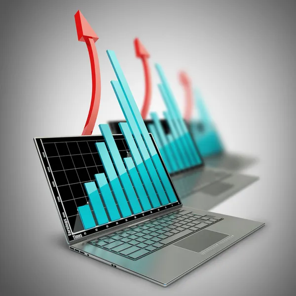 Tre bärbara datorer med diagram och röd pil — Stockfoto