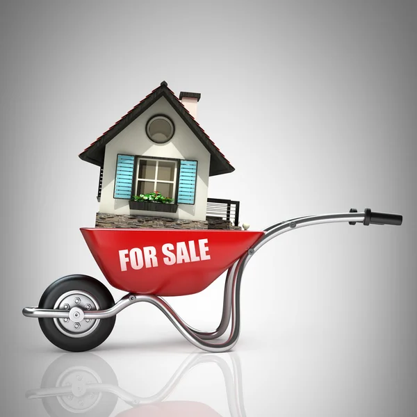 Red wheelbarrow with for sale house — Stock Photo, Image