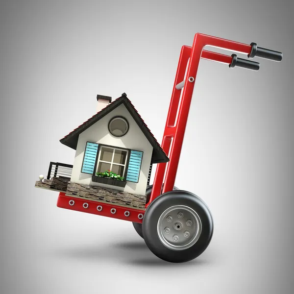 Red wheelbarrow with for sale house — Stock Photo, Image