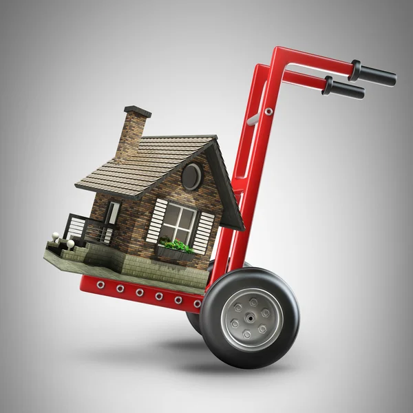 Rote Schubkarre mit zum Verkauf stehendem Haus — Stockfoto