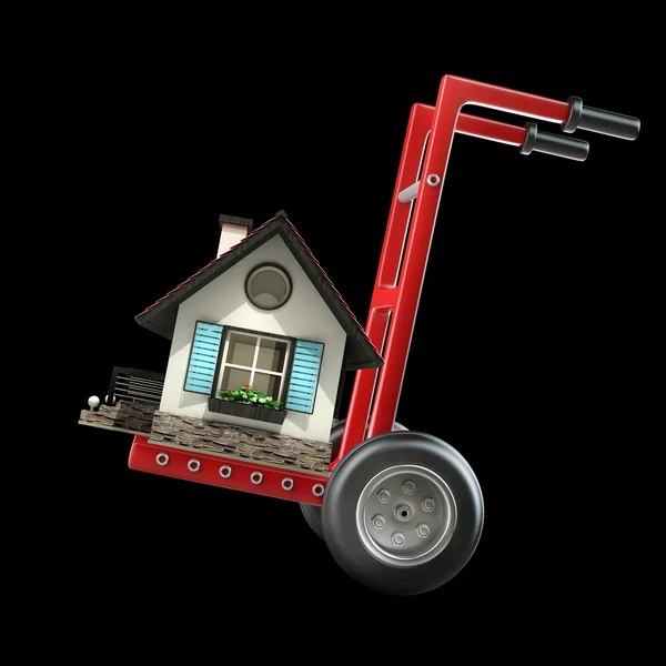 Rote Schubkarre mit zum Verkauf stehendem Haus — Stockfoto