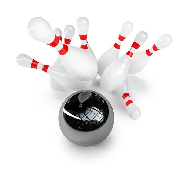 3d Bowling Ball crashing into the pins — Stock Photo, Image