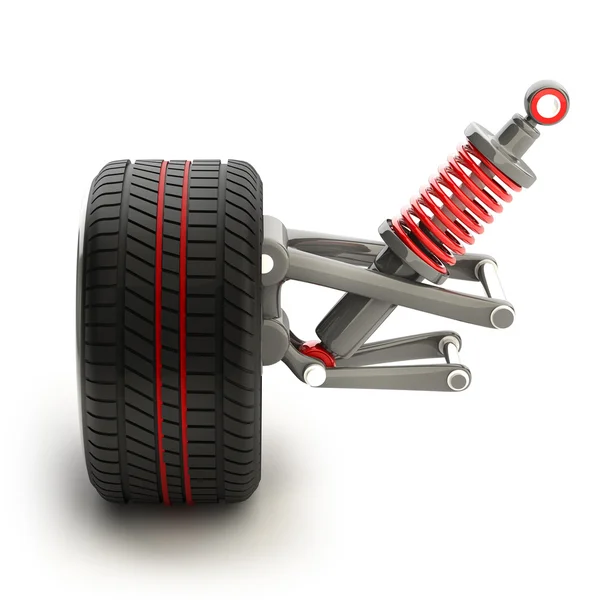 Wheel, shock absorber and brake pads — Stock Photo, Image