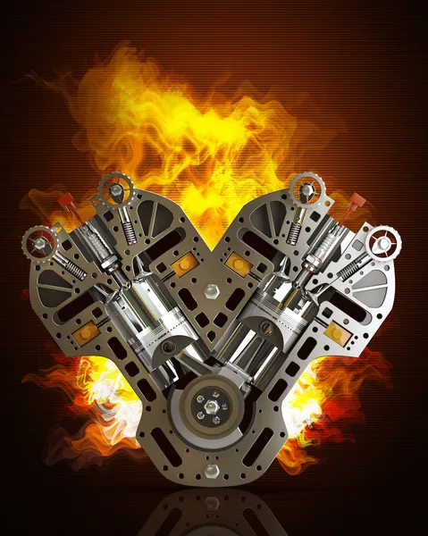 V8-Motor in Flammen — Stockfoto