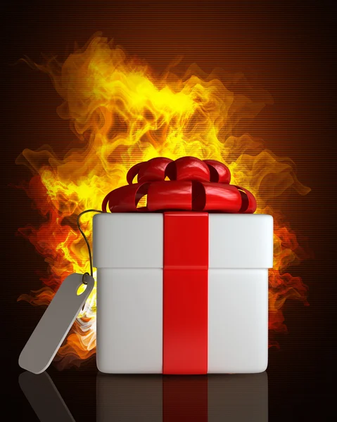 Gift box with the Tag in Fire — Stock Photo, Image