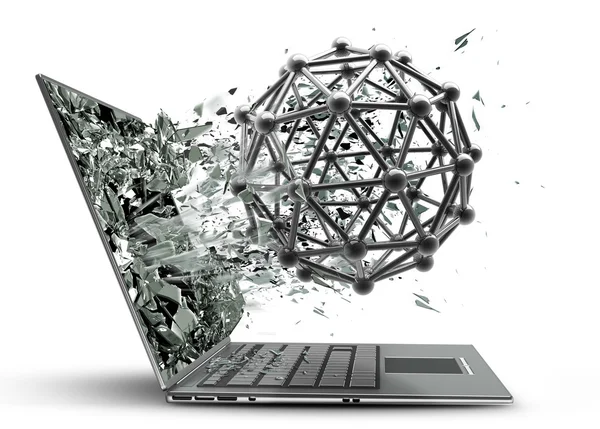 Atom silver glossy molecules structure exit by a monitor of laptop screen — Stock Photo, Image