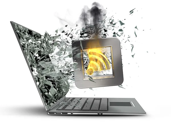Marque a saída do ícone em chamas do símbolo por um monitor da tela do laptop — Fotografia de Stock