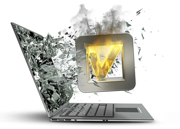 Marque a saída do ícone em chamas do símbolo por um monitor da tela do laptop — Fotografia de Stock