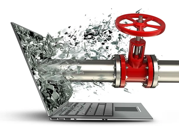 Red valve exit by a monitor of laptop screen. — Stock Photo, Image