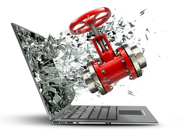 Red valve exit by a monitor of laptop screen — Stock Photo, Image